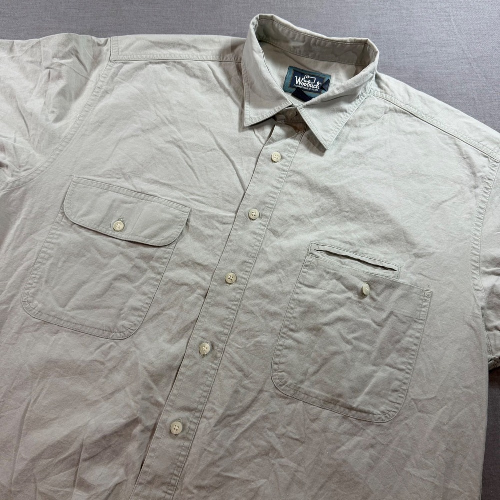 Woolrich Button Down Shirt Mens L Tan Cotton Short Sleeve Utility Pockets EUC